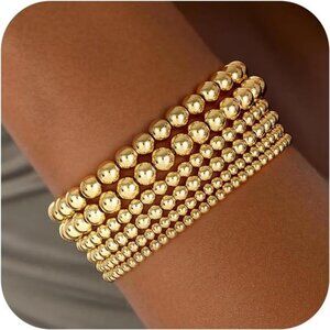 Gold Beaded Bracelets Stack Set Adjustable Waterproof Non Tarnish Jewelry Women